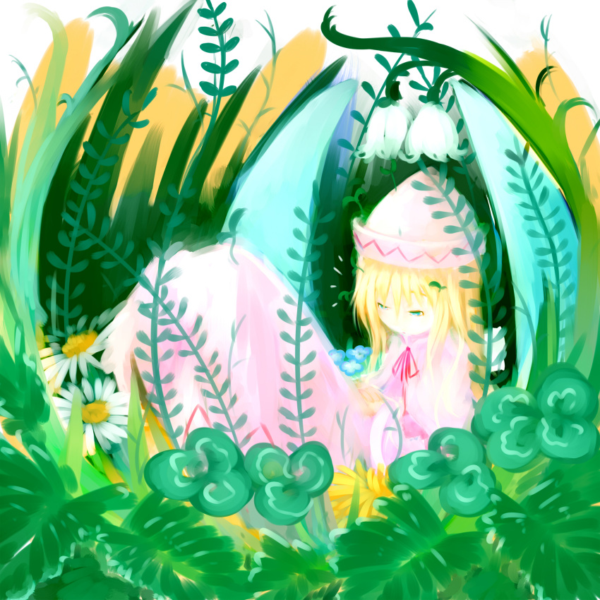 1girl blonde_hair blue_eyes clover daisy dress faux_traditional_media fern flower grass hat highres legs_up lily_of_the_valley lily_white long_hair lying pink_dress ribbon sakana_(packetsjp) solo touhou