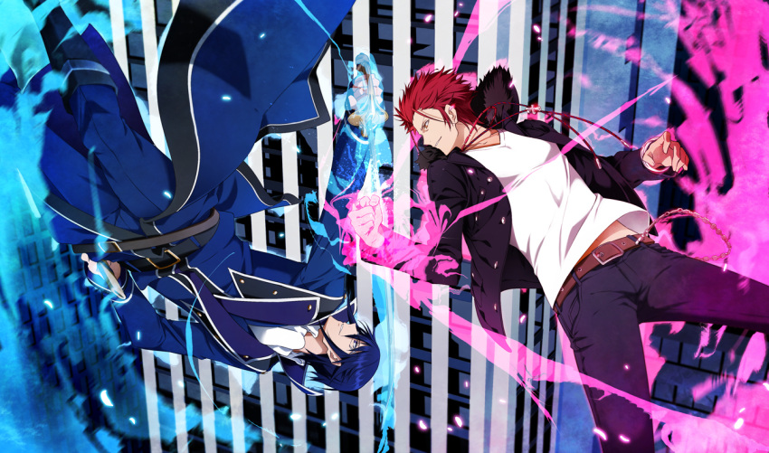 2boys blue_fire blue_hair fire glasses k_(anime) long_coat multiple_boys munakata_reishi pink_fire red_eyes red_hair redhead suou_mikoto_(k) sword weapon yun_(neo)
