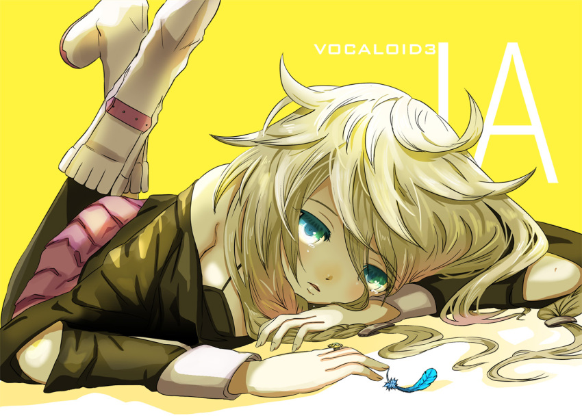 blue_eyes boots bra feathers ia ia_(vocaloid) jewelry kanipanda lying messy_hair ring tears underwear vocaloid yellow_background