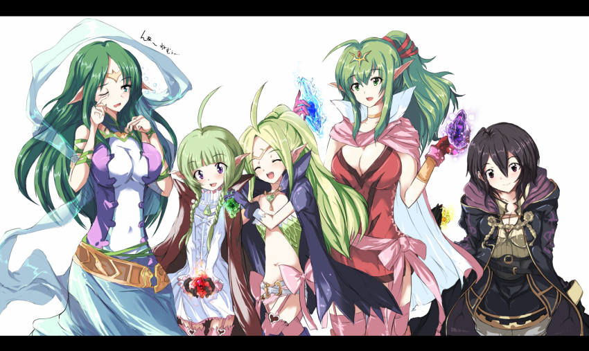 5girls :d adult ahoge black_hair blush bow braid breasts cape chiki choker circlet cleavage cloak crying crystal dress echizen fire_emblem fire_emblem:_kakusei flat_chest garter_straps gloves green_eyes green_hair hair_ornament hair_ribbon heart large_breasts letterboxed long_hair mark_(fire_emblem) midriff multiple_girls naga_(fire_emblem) nn_(fire_emblem) nowi_(fire_emblem) open_mouth pants pink_legwear pointy_ears ponytail purple_eyes red_eyes ribbon sash shawl short_hair side_braid side_slit skirt smile tears thigh-highs thighhighs translated translation_request twin_braids violet_eyes wavy_mouth wince