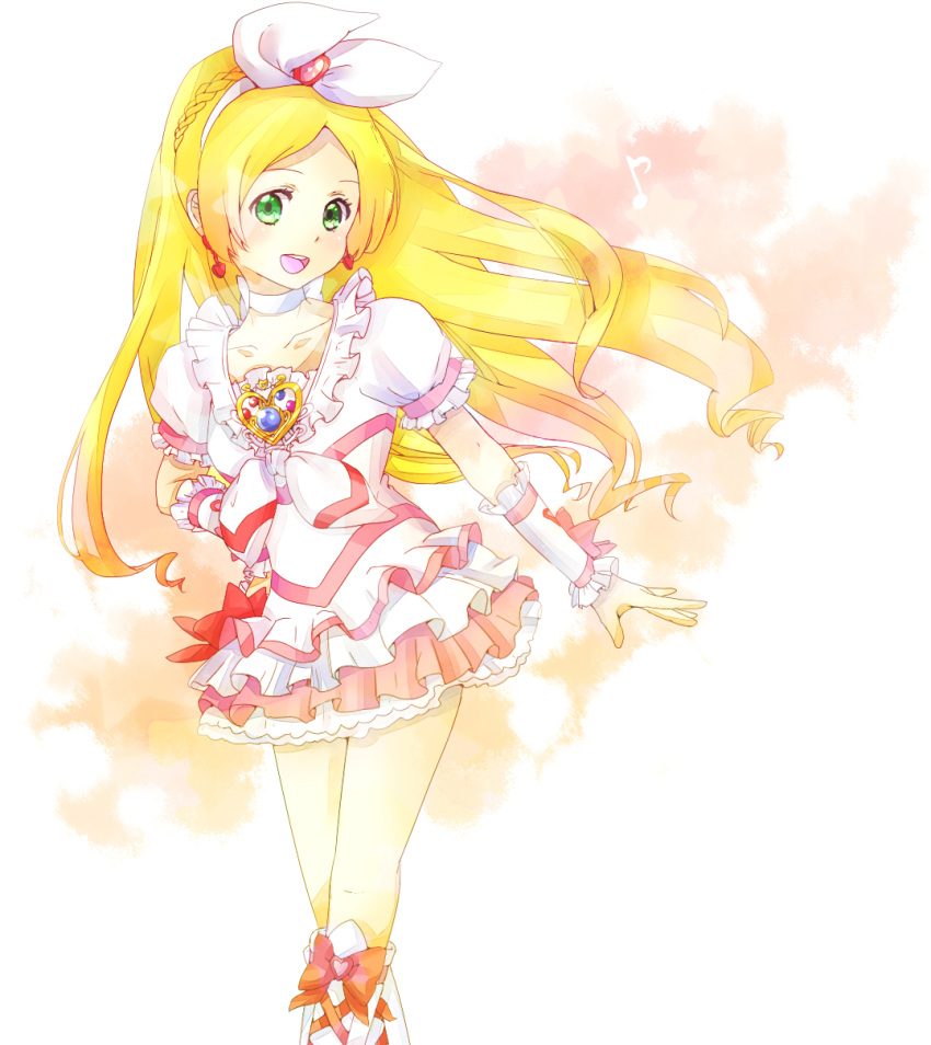 1girl blonde_hair boots choker cure_rhythm frills green_eyes heart highres jewelry long_hair magical_girl minamino_kanade open_mouth precure ribbon smile suite_precure