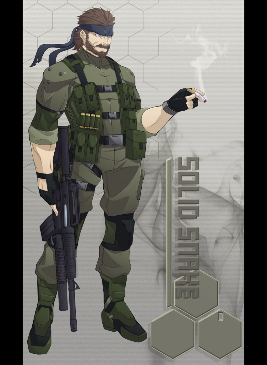 1boy assault_rifle beard blue_eyes boots brown_hair character_name cigarette facial_hair fingerless_gloves gloves grenade_launcher gun headband highres knee_pads load_bearing_vest m16 m203 m4_carbine manly metal_gear metal_gear_solid mullet muscle mustache operator rifle sleeves_rolled_up smoke sneaking_suit solid_snake solo spikewible strap trigger_discipline underbarrel_grenade_launcher weapon