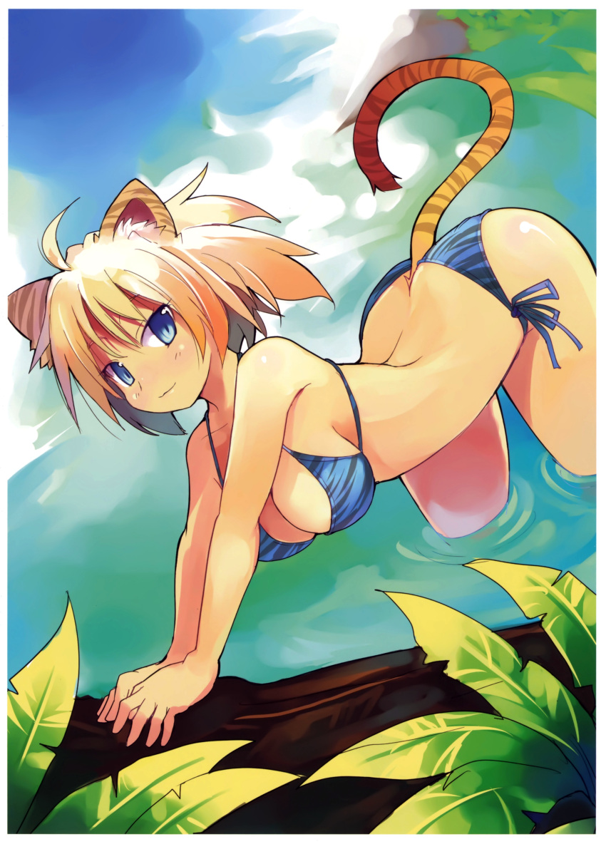 1girl absurdres ahoge animal_ears arched_back bare_shoulders bent_over bikini blonde_hair blue_eyes breasts butt_crack cleavage dutch_angle highres large_breasts light_smile looking_at_viewer original outstretched_arms scan shibano_kaito short_hair side-tie_bikini solo string_bikini swimsuit tail tiger_ears tiger_print tiger_tail wading water