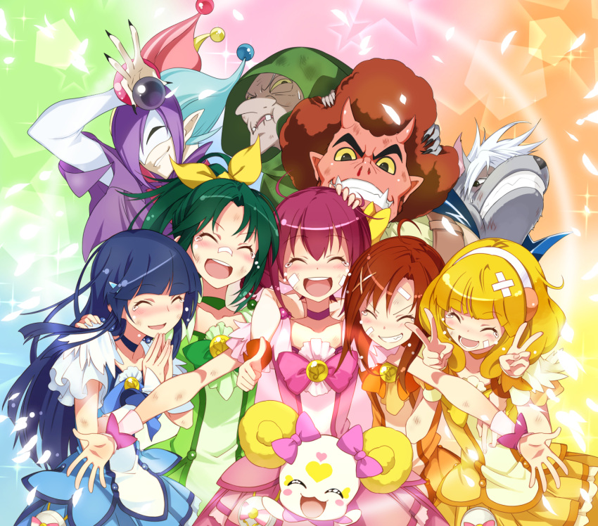 2boys 6+girls :d ^_^ afro akaooni aoki_reika blonde_hair blue_hair bowtie brooch candy_(smile_precure!) choker clenched_teeth closed_eyes creature cure_beauty cure_happy cure_march cure_peace cure_sunny double_v eyes_closed green_hair grin hands_together happy highres hino_akane hood hoshizora_miyuki jewelry joker_(smile_precure!) kise_yayoi long_hair majorina mask midorikawa_nao multicolored_hair multiple_boys multiple_girls open_mouth outstretched_arms outstretched_hand pink_hair pointy_ears ponytail precure purple_hair rainbow_background red_hair red_skin redhead sharp_teeth short_hair short_twintails skirt smile smile_precure! spread_arms tears twintails ushiki_yoshitaka v werewolf wolfrun yellow_sclera