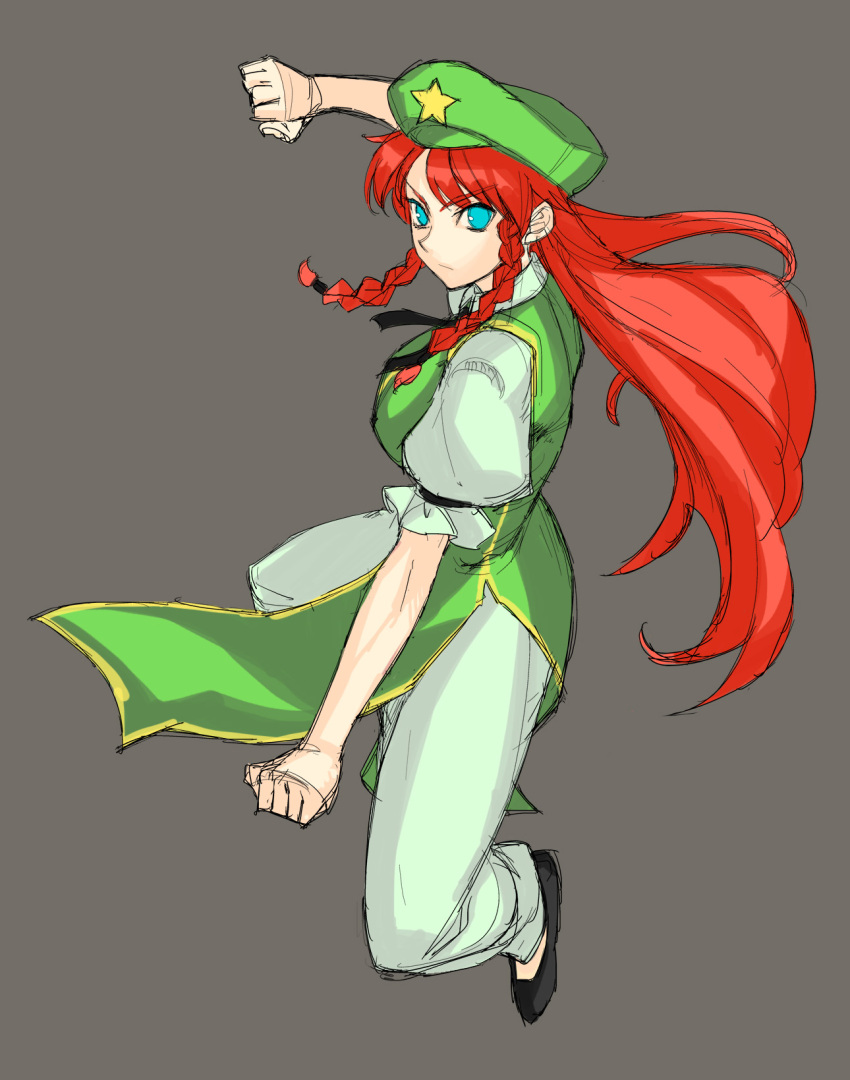 blue_eyes braid braids breasts chinese_clothes fighting_stance hat highres hong_meiling kimuchi kung_fu long_hair pants red_hair redhead simple_background sketch solo star touhou twin_braids