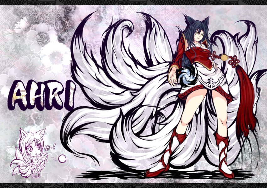 1girl ahri animal_ears bare_shoulders bell blue_hair braid breasts character_name chibi detached_sleeves dual_persona facial_mark fox_ears fox_tail hand_on_hip koji45hiro league_of_legends long_hair multiple_tails orb shadow solo tail yellow_eyes