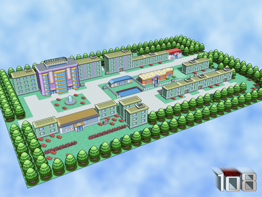3d building commentary drew108 house no_humans pokemon pokemon_(game) pokemon_center pokemon_frlg pokemon_mart scenery signature tree