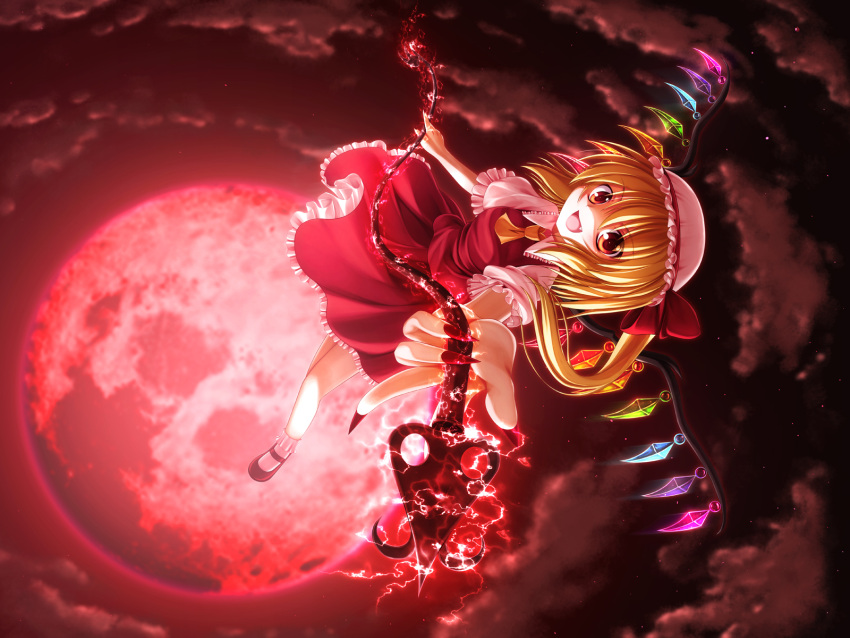 ascot blonde_hair cloud clouds dress fang flandre_scarlet full_moon hat hatomura_(tareneko_club) highres laevatein long_hair looking_at_viewer mary_janes moon open_mouth red_dress red_eyes red_moon shoes side_ponytail sky solo touhou wings