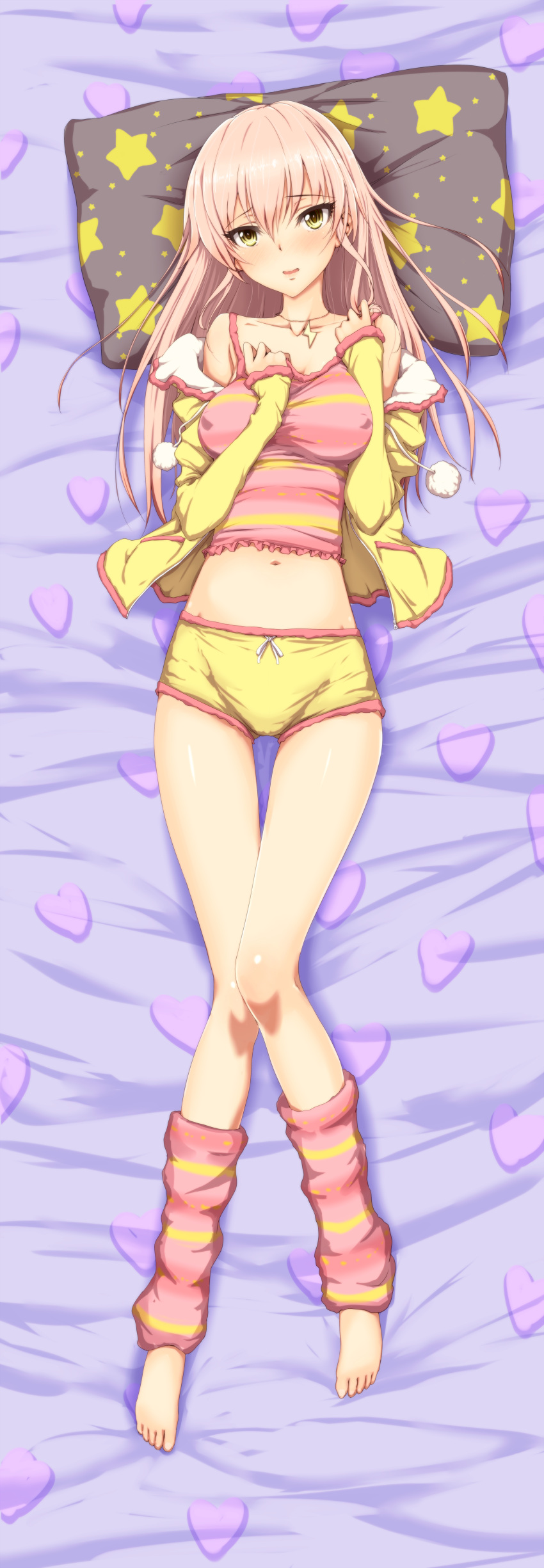 absurdres alternate_hairstyle bare_shoulders barefoot blush breasts clearite hair_down highres hoodie idolmaster idolmaster_cinderella_girls jewelry jougasaki_mika leg_warmers lightning_bolt long_hair long_legs looking_at_viewer midriff navel necklace on_back open_hoodie open_mouth pajamas pillow pink_hair short_shorts shorts solo star_print tank_top yellow_eyes