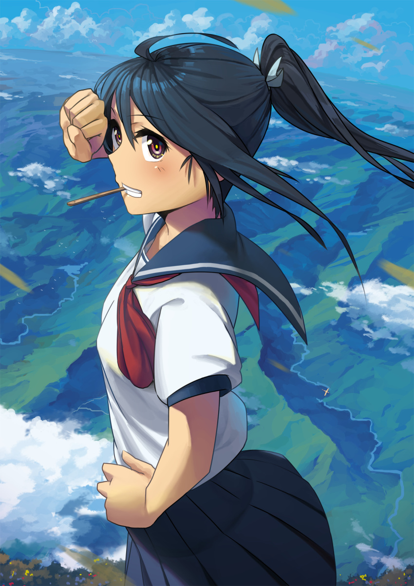 1girl black_hair hand_on_hip highres landscape long_hair mouth_hold original ponytail purple_eyes rai32019 school_uniform serafuku skirt solo violet_eyes