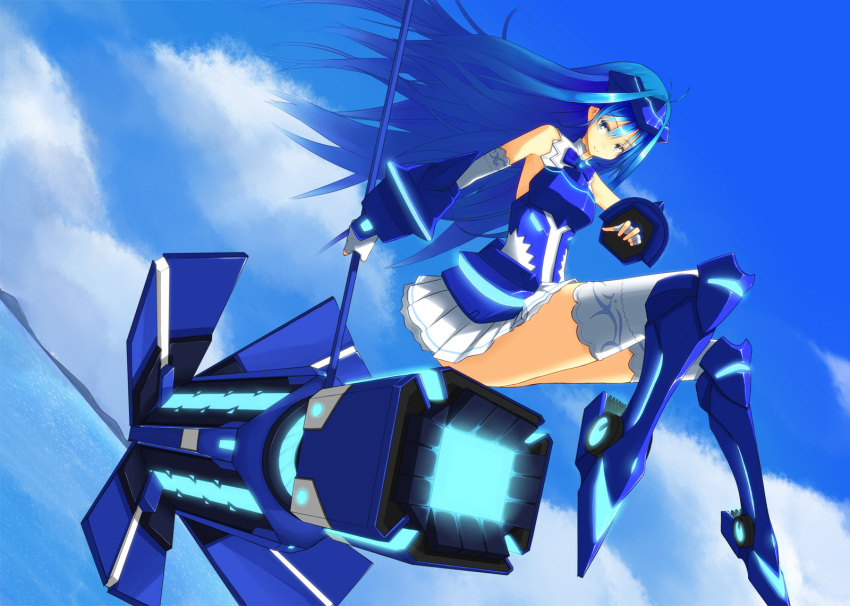 1girl armor blue_eyes blue_hair breastplate detached_sleeves fusion futaba_aoi_(vividred_operation) gauntlets greaves hammer headgear highres huge_weapon isshiki_akane legs long_hair skirt thigh-highs thighhighs vividblue vividred_operation weapon white_legwear