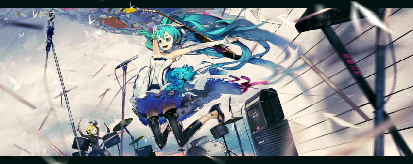 absurdres aqua_eyes aqua_hair drum el-zheng guitar hatsune_miku highres instrument kagamine_rin long_hair microphone microphone_stand motion_blur multiple_girls open_mouth smile solo thigh-highs thighhighs twintails very_long_hair vintage_microphone vocaloid