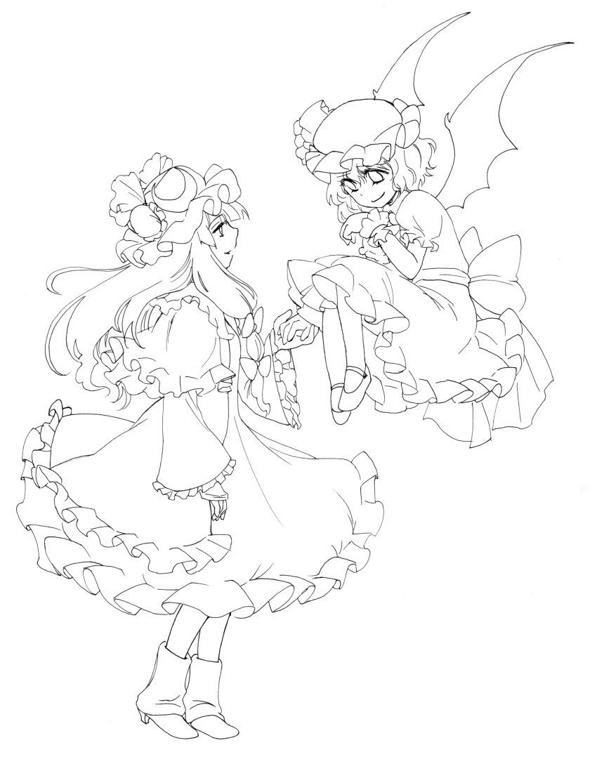 2girls absurdres bat_wings floating frills hand_holding hat highres holding_hands lineart long_hair loose_socks mary_janes matilda monochrome multiple_girls patchouli_knowledge remilia_scarlet robe shoes short_hair smile socks touhou wings