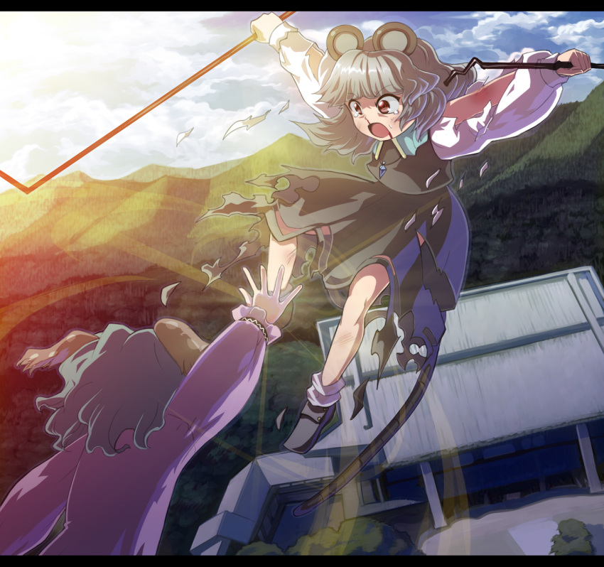 2girls animal_ears battle blood blood_from_mouth blue_sky bruise cloud clouds dowsing_rod dress east_asian_architecture flying forest from_behind green_hair grey_dress grey_hair highres injury jewelry kasodani_kyouko letterboxed light_trail long_sleeves mountain mouse_ears mouse_tail multiple_girls nature nazrin nosebleed open_hand outstretched_arm pendant red_eyes shope short_hair sky tail tears torn_clothes touhou