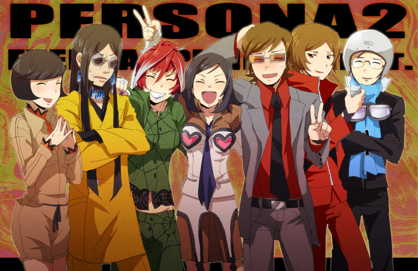 3girls 4boys amano_maya baofu black_hair brown_hair kirishima_eriko multiple_boys multiple_girls nanjou_kei persona persona_2 red_hair redhead serizawa_ulala suou_katsuya suou_tatsuya u-ka_(pixiv5407) v