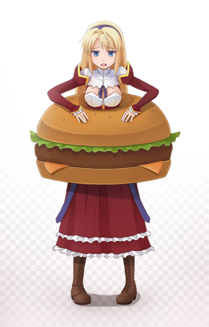 1girl blonde_hair blue_eyes boots breasts checkered checkered_background cleavage cleavage_cutout costume cross-laced_footwear detached_sleeves dress food freezing gradient gradient_background hairband hamburger highres lace-up_boots large_breasts long_hair satellizer_el_bridget sharkbro solo