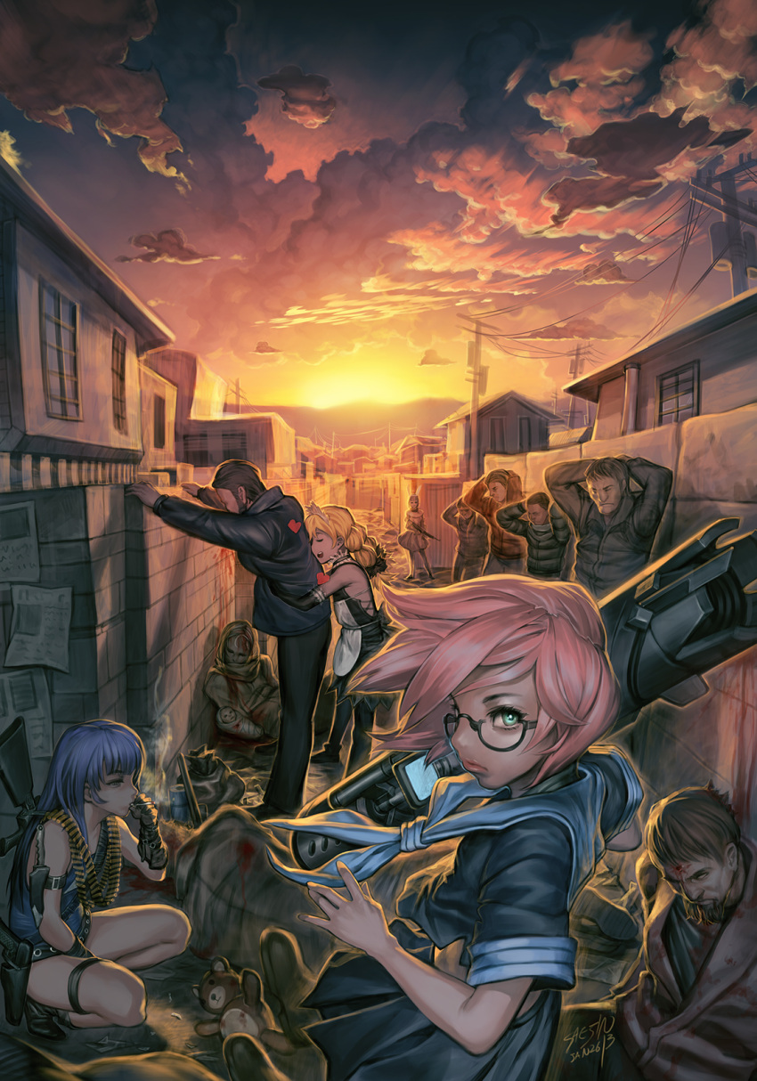 blonde_hair blood blue_hair bullet cigarette corpse death glasses green_eyes gun lips looking_back maid pink_hair rifle saejin_oh squatting sunset weapon