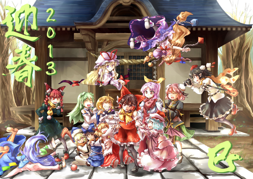 6+girls animal_ears ascot bat_wings black_hair black_legwear blonde_hair blue_hair boots bow camera cat_ears chain chains chinese_clothes closed_eyes detached_sleeves double_bun dress eyes_closed gap geta gourd green_hair hair_bow hair_tubes hakurei_reimu hat hat_ribbon highres hinanawi_tenshi horns ibaraki_kasen ibuki_suika kaenbyou_rin kirisame_marisa kochiya_sanae long_hair luna_child multiple_girls pantyhose pink_hair purple_eyes purple_hair red_hair redhead remilia_scarlet ribbon shameimaru_aya short_hair shrine smile star_sapphire sunny_milk touhou violet_eyes watatsuki_no_yorihime wings yafu yakumo_yukari