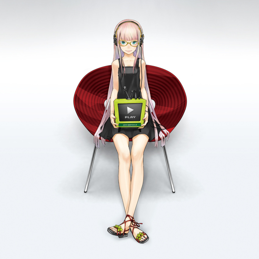 aqua_eyes bangs black_dress cable chair crossed_legs dress flower glasses headphones high_heels legs_crossed long_hair looking_at_viewer megurine_luka nail_polish open_shoes original pink_hair play_button redjuice sandals simple_background sitting smile television very_long_hair vocaloid white_background