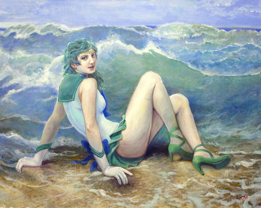 1girl bishoujo_senshi_sailor_moon choker dress fine_art_parody green_dress green_eyes green_hair looking_at_viewer magical_girl parody sailor_neptune skimlines skirt solo the_wave traditional_media water william_bouguereau