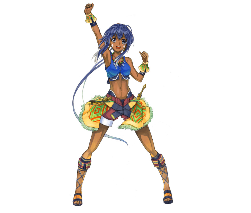 1girl :d absurdres arm_up armpits belt blue_eyes blue_hair cocoroten crop_top dagger dark_skin earrings facial_mark highres jewelry long_hair midriff navel open_mouth original sheath shorts simple_background smile solo weapon white_background