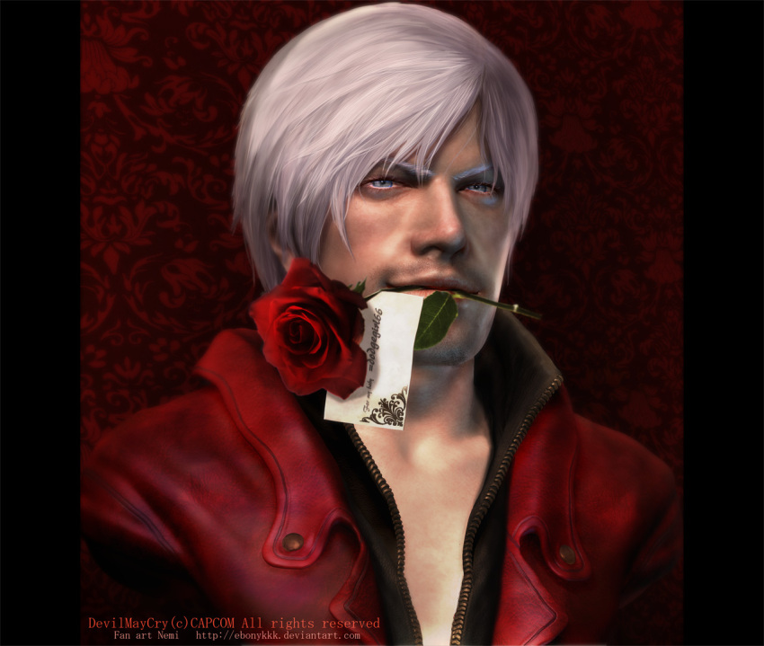 1boy blue_eyes dante devil_may_cry devil_may_cry_4 ebonykkk facial_hair flower highres jacket mouth_hold portrait realistic red_jacket rose short_hair solo stubble unzipped watermark web_address white_hair