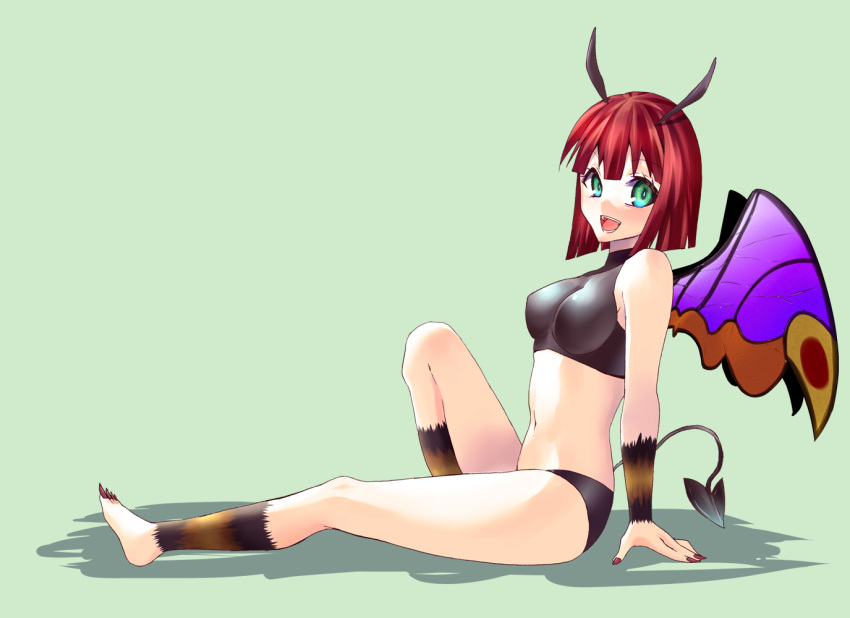 1girl blue_eyes blush bob_cut breasts horns monster_farm open_mouth red_hair redhead short_hair sitting solo tail wings