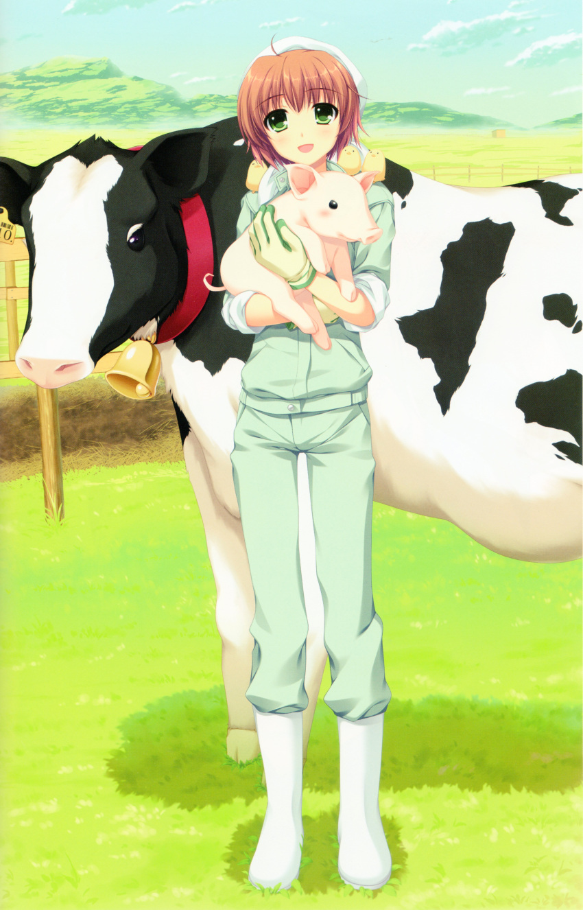 absurdres alpha alpha_(artist) bell boots bootsgloves brown_hair cow cow_bell ear_tag farm gloves grass green_eyes highres piglet scan wooden_fence