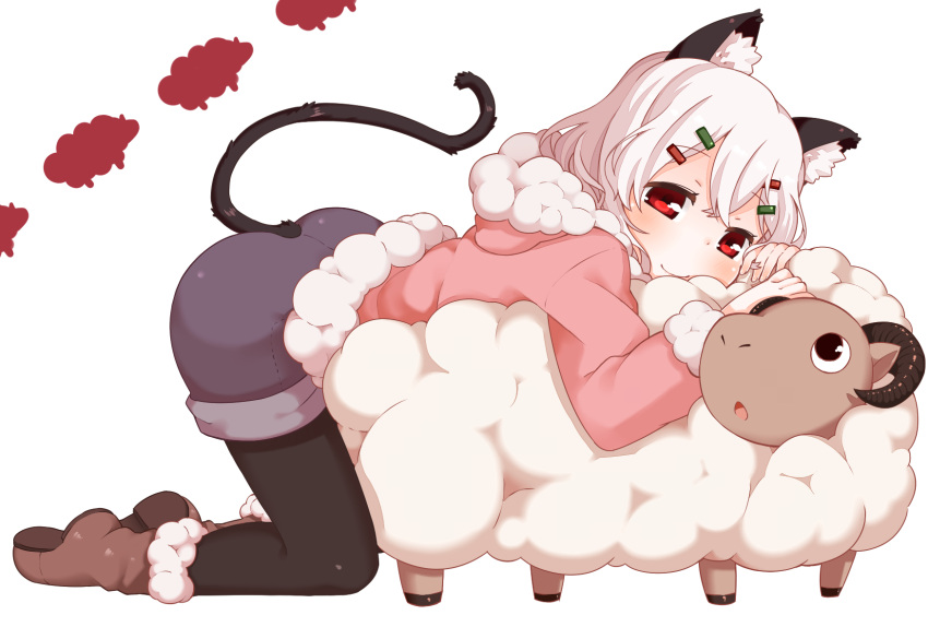 1girl animal_ears black_legwear blush boots cat_ears cat_tail hair_ornament hairclip hoodie horns looking_at_viewer muku-coffee original pantyhose red_eyes sheep short_hair shorts simple_background smile solo tail white_background white_hair