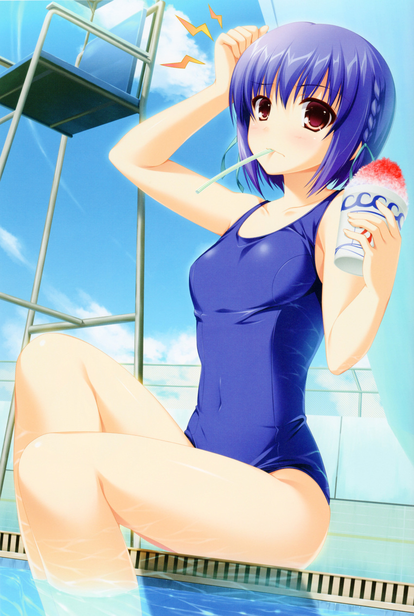 absurdres alpha alpha_(artist) blue_hair brain_freeze brown_eyes frown highres legs lifeguard_chair mouth_hold one-piece_swimsuit pool poolside shaved_ice sitting swimsuit