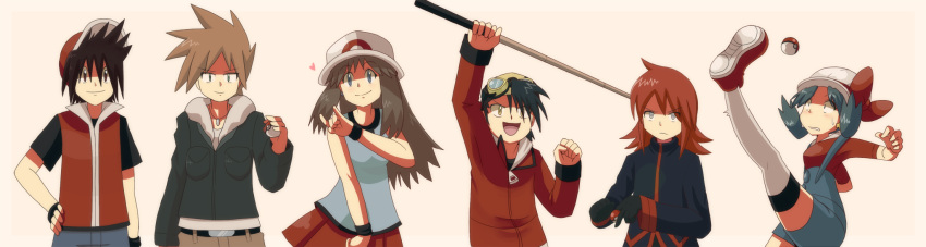 2girls 4boys \m/ aonik black_hair blue_(pokemon) blue_eyes bow brown_hair constricted_pupils crystal_(pokemon) cue_stick earrings gloves gold_(pokemon) green_eyes grey_eyes hand_on_hip hat heart highres jewelry kicking lineup long_hair long_image looking_at_viewer looking_up multiple_boys multiple_girls necklace ookido_green overalls parted_lips poke_ball pokemon pokemon-special pokemon_(game) pokemon_frlg pokemon_hgss red_(pokemon) red_eyes redhead silver_(pokemon) simple_background smile spiky_hair sweatdrop tagme thigh-highs twintails white_background wide_image wristband yellow_eyes zettai_ryouiki