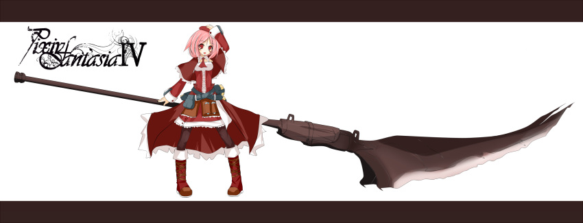 1girl hat highres huge_weapon letterboxed looking_at_viewer mikuma pink_hair pixiv_fantasia pixiv_fantasia_4 red_eyes short_hair simple_background smile solo title_drop weapon white_background