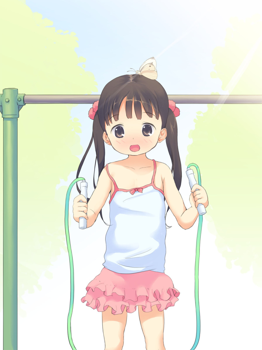 1girl :d anyannko black_hair blush brown_eyes bug butterfly collarbone eyebrows_visible_through_hair highres horizontal_bar jump_rope long_hair looking_at_viewer open_mouth original pink_skirt pleated_skirt smile solo twintails