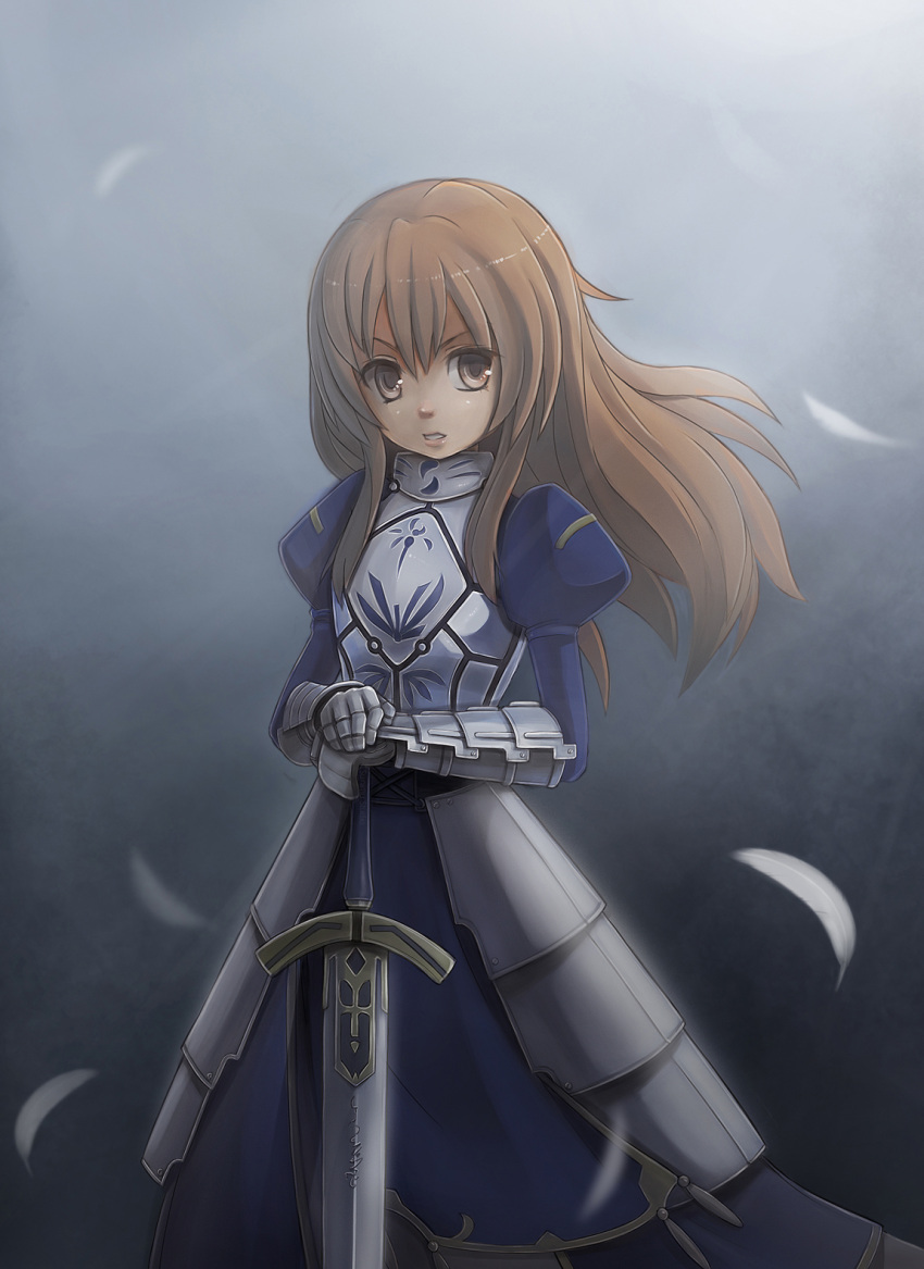 1girl aisaka_taiga armor armored_dress breastplate brown_eyes brown_hair cosplay excalibur fate/stay_night fate_(series) faulds feathers flat_chest gauntlets highres long_hair payot puffy_sleeves revision saber saber_(cosplay) sharkbro solo sword toradora! weapon