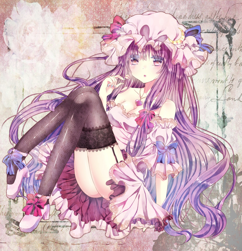 1girl bare_shoulders black_legwear blush breasts candy cleavage crescent dress garter_straps gingetsu_ringo hat heart heart_necklace highres lollipop long_hair patchouli_knowledge purple_eyes purple_hair solo thigh-highs thighhighs touhou very_long_hair violet_eyes