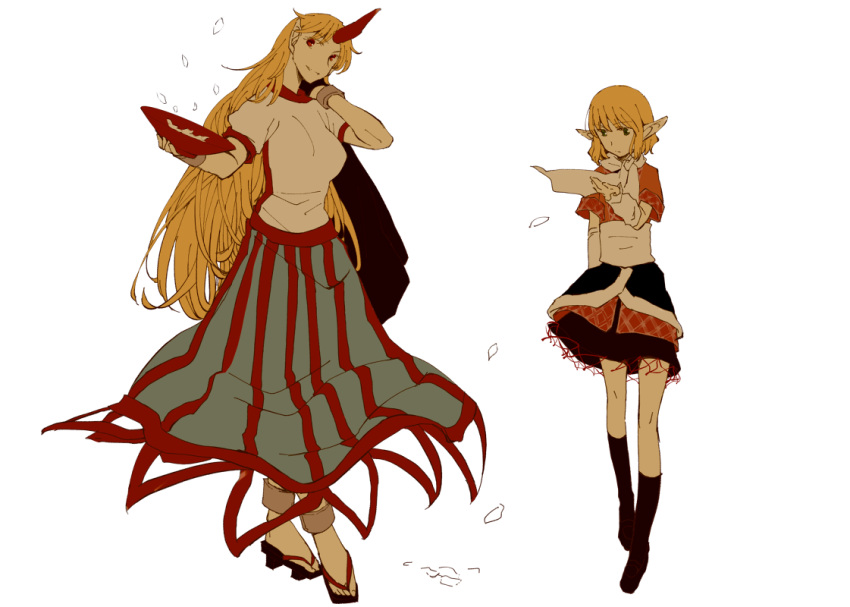 2girls atoki black_legwear blonde_hair full_body horn hoshiguma_yuugi kneehighs long_hair long_skirt mizuhashi_parsee multiple_girls paper petals pointy_ears sakazuki sandals short_hair skirt striped t-shirt touhou vertical_stripes