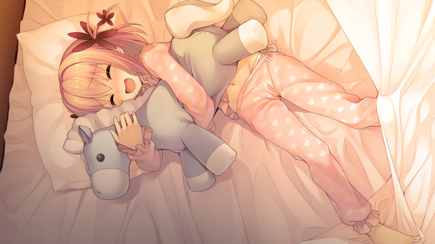 1girl :d ^_^ closed_eyes doll_hug drooling flower furoyamachi_neko game_cg hair_flower hair_ornament heart_print lying open_mouth pajamas pillow pink pink_hair saliva smile solo stuffed_donkey tokeijikake_no_ley_line urabi_(tomatohouse)