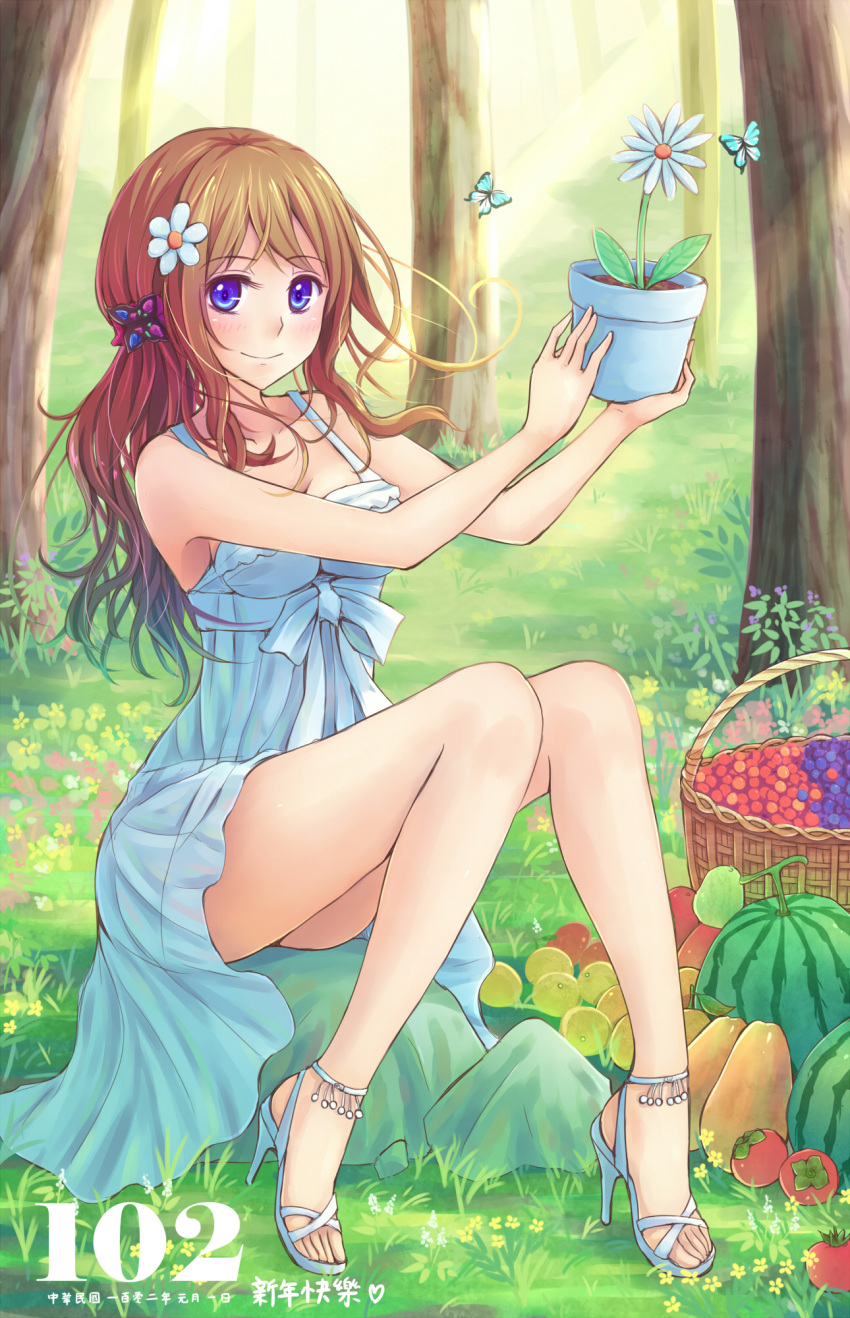 1girl blue_eyes brown_hair dress flower flower_pot food fruit hair_flower hair_ornament high_heels highres legs long_hair nature open_shoes plant potted_plant sandals shoes sitting smile solo suikakitsu_shiro tomato tree watermelon