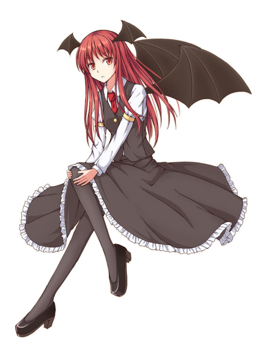 1girl :o bat_wings blush grey_legwear head_wings koakuma necktie open_mouth pantyhose red_eyes red_hair redhead shoes skirt smile solo take5321 touhou vest wings