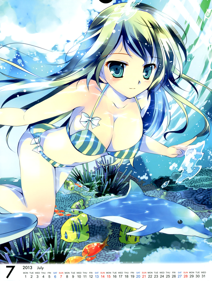 1girl 2013 absurdres barefoot bikini blue_eyes blush breasts calendar cleavage dolphin fish green_hair highres long_hair mikeou smile solo swimsuit underwater