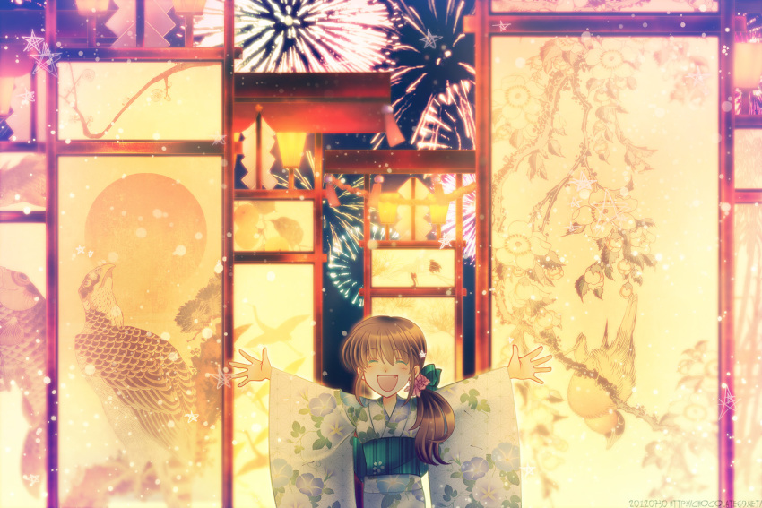 ^_^ ascendancy brown_hair closed_eyes fang fireworks japanese_clothes kimono original outstretched_arms pnytail shide yukata