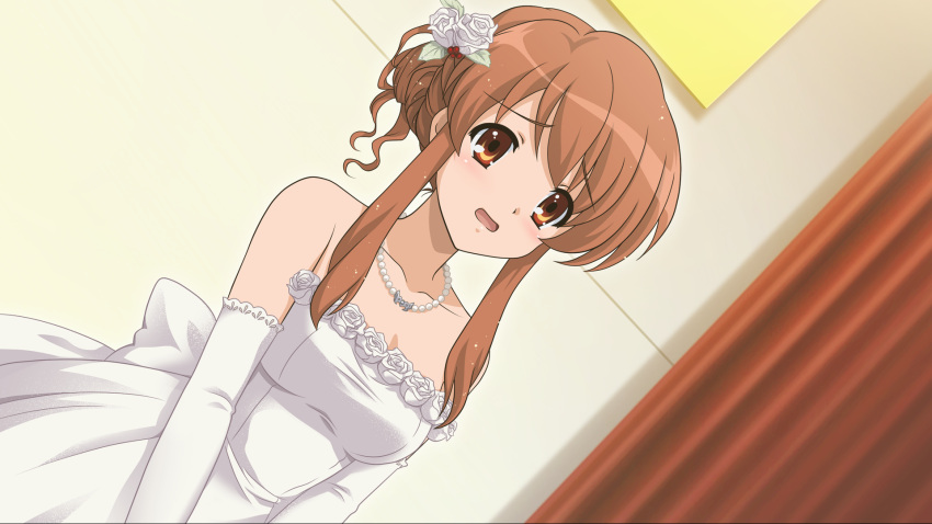 1girl alternate_hairstyle asahina_mikuru bare_shoulders berries blush bow bride brown_eyes brown_hair collarbone curly_hair curtains dress dutch_angle elbow_gloves flower game_cg gloves hair_bun hair_flower hair_ornament highres jewelry leaf necklace official_art open_mouth payot pearl_necklace pendant rose solo suzumiya_haruhi_no_shoushitsu suzumiya_haruhi_no_tsuisou suzumiya_haruhi_no_yuuutsu wedding_dress white_rose