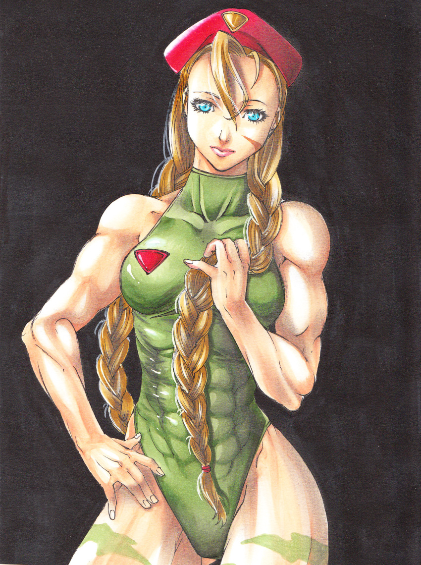 1girl abs ahoge bare_shoulders beret blonde_hair blue_eyes braid breasts cammy_white contrapposto hand_on_hip hat highres huge_ahoge leotard lipstick long_hair makeup marker_(medium) muscle scan scan_artifacts scar solo street_fighter traditional_media twin_braids you_kazuna