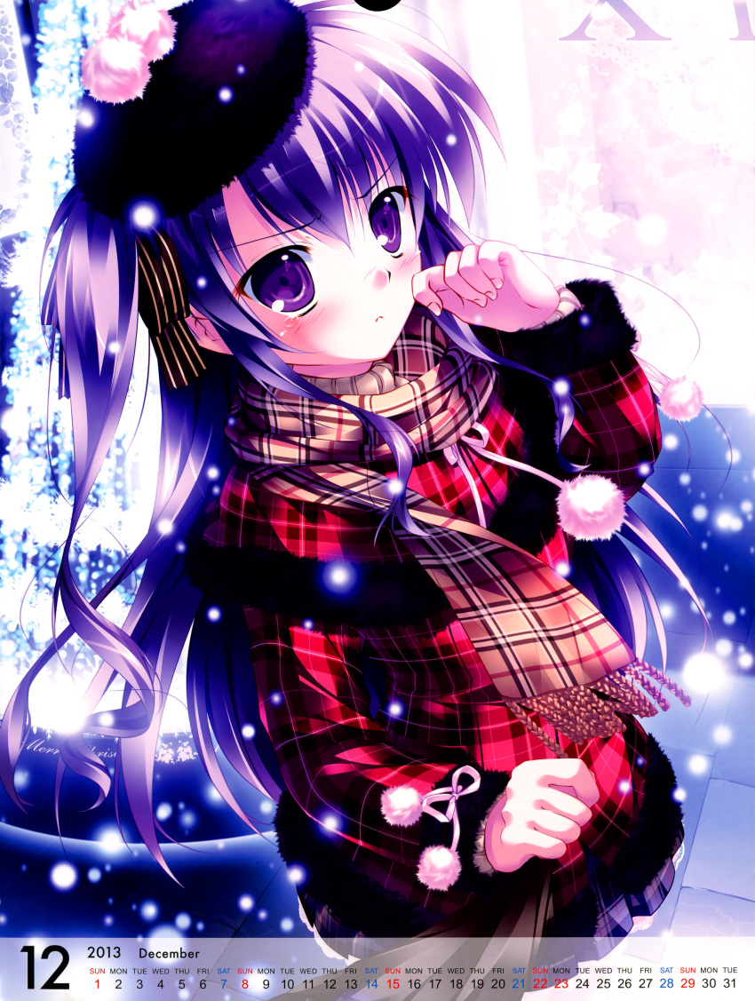 1girl 2013 absurdres blush calendar crying hair_ribbon hat highres long_hair mikeou purple_hair ribbon scarf side_tails skirt snow solo violet_eyes
