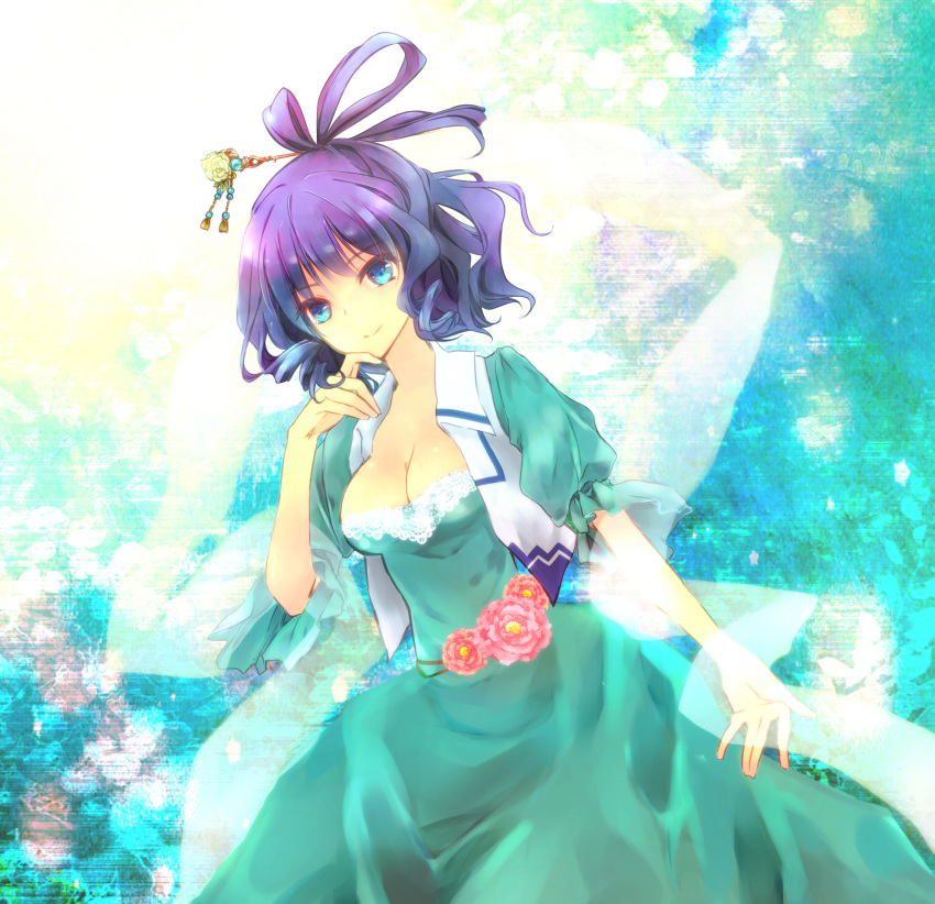 1girl blue_eyes blue_hair breasts cleavage dress finger_to_mouth flower haco_(artist) hair_ornament hair_rings hair_stick highres kaku_seiga shawl smile solo touhou vest