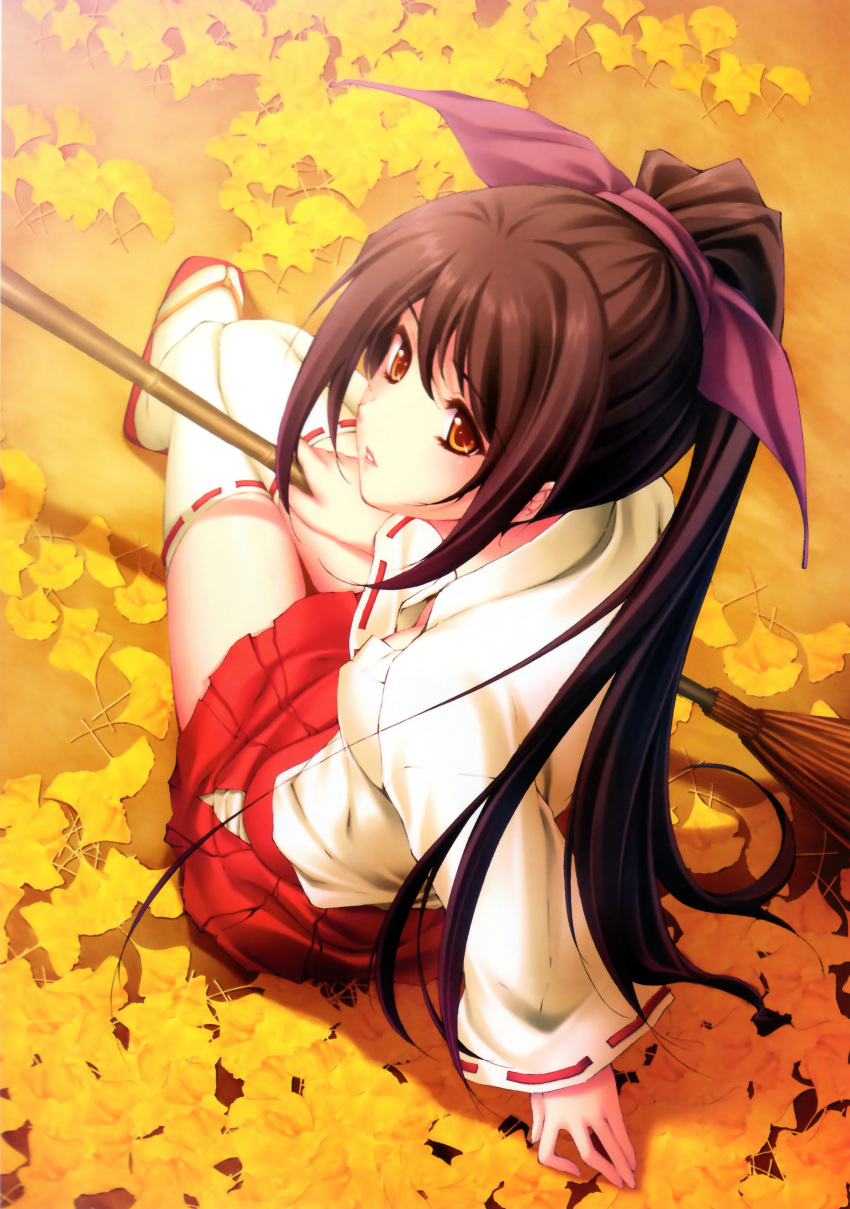 1girl absurdres arm_support broom brown_eyes brown_hair down_blouse from_above hakama_skirt highres japanese_clothes leaf lips long_hair looking_back looking_up miko original panties parted_lips ponytail sandals scan sitting solo sugina_miki thigh-highs underwear white_panties