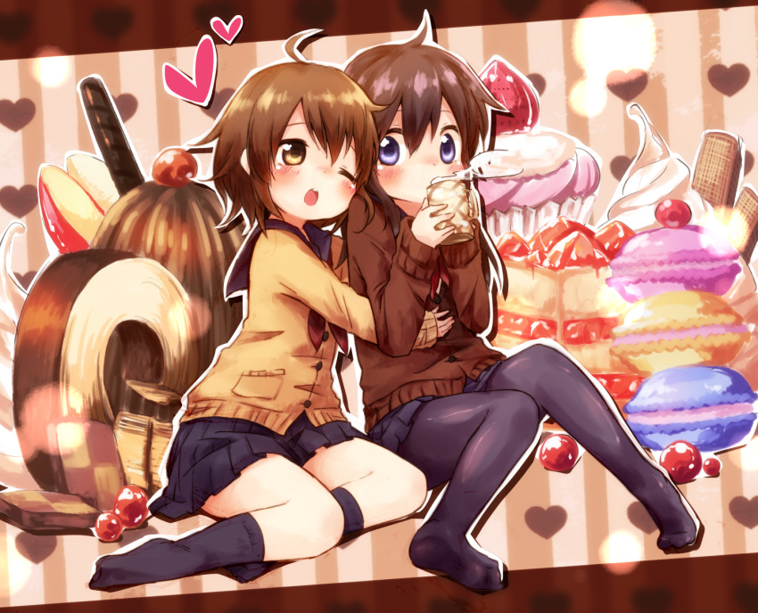 2girls ayakashi_(monkeypanch) black_legwear blue_eyes blush brown_eyes cake checkerboard_cookie chocolate coffee cookie cup cupcake dessert drinking food food_request fruit hand_on_another's_stomach hand_on_stomach head_on_shoulder heart highres hug ice_cream light_particles mont_blanc_(food) mug multiple_girls open_mouth original outline pantyhose pleated_skirt ribbon school_uniform serafuku shiny short_hair sitting skirt socks steam strawberry strawberry_shortcake sweets wink