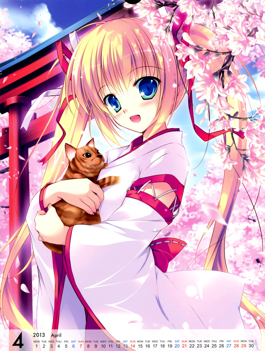 1girl 2013 absurdres ahoge blonde_hair blue_eyes blush calendar cat cherry_blossoms clouds flower happy highres hug japanese_clothes kimono long_hair mikeou sky twintails