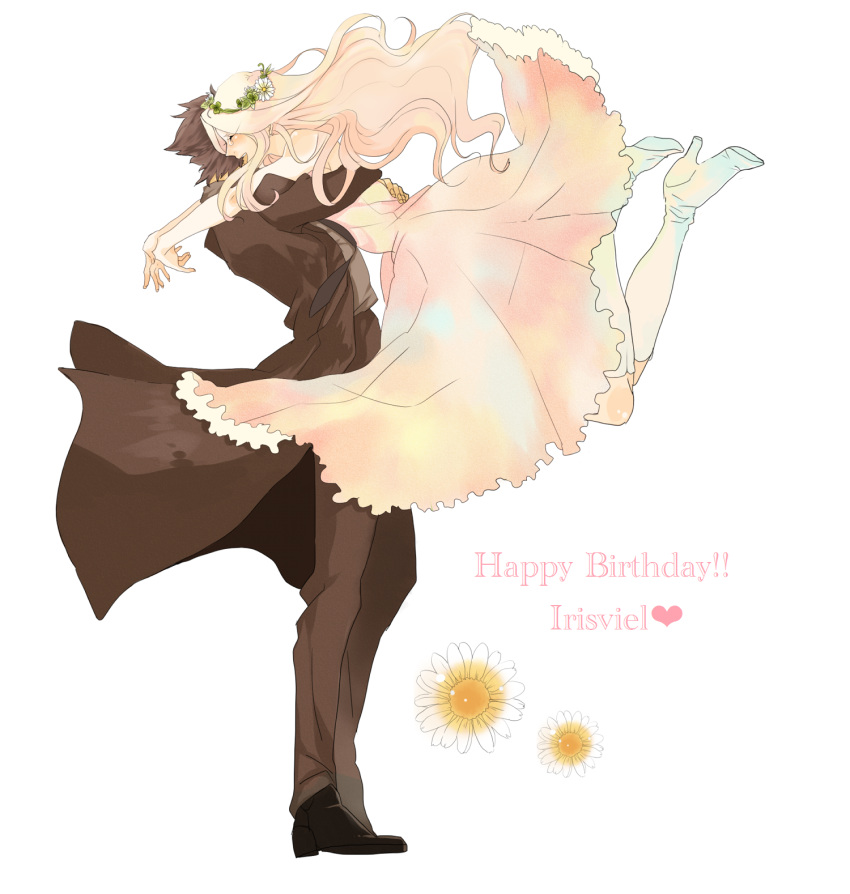 1boy 1girl birthday black_hair closed_eyes couple dress emiya_kiritsugu fate/zero fate_(series) glomp gorosuke_(my_boy) gown happy_birthday head_wreath high_heels hug husband_and_wife irisviel_von_einzbern long_hair open_mouth shoes smile white_hair