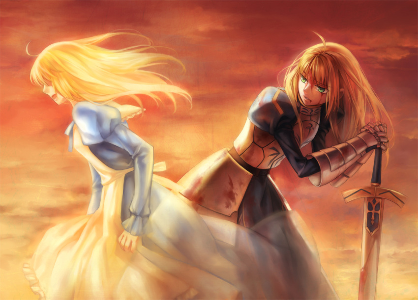 ahoge armor armored_dress blonde_hair blood dress dual_persona excalibur fate/stay_night fate_(series) faulds gauntlets kanmuri_(hanyifan30338) long_hair planted_sword planted_weapon saber sword weapon